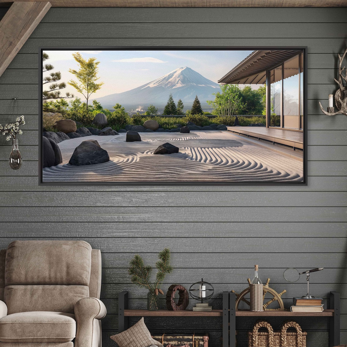 Japanese Zen Garden Overlooking Mount Fuji Art Print - Image 3