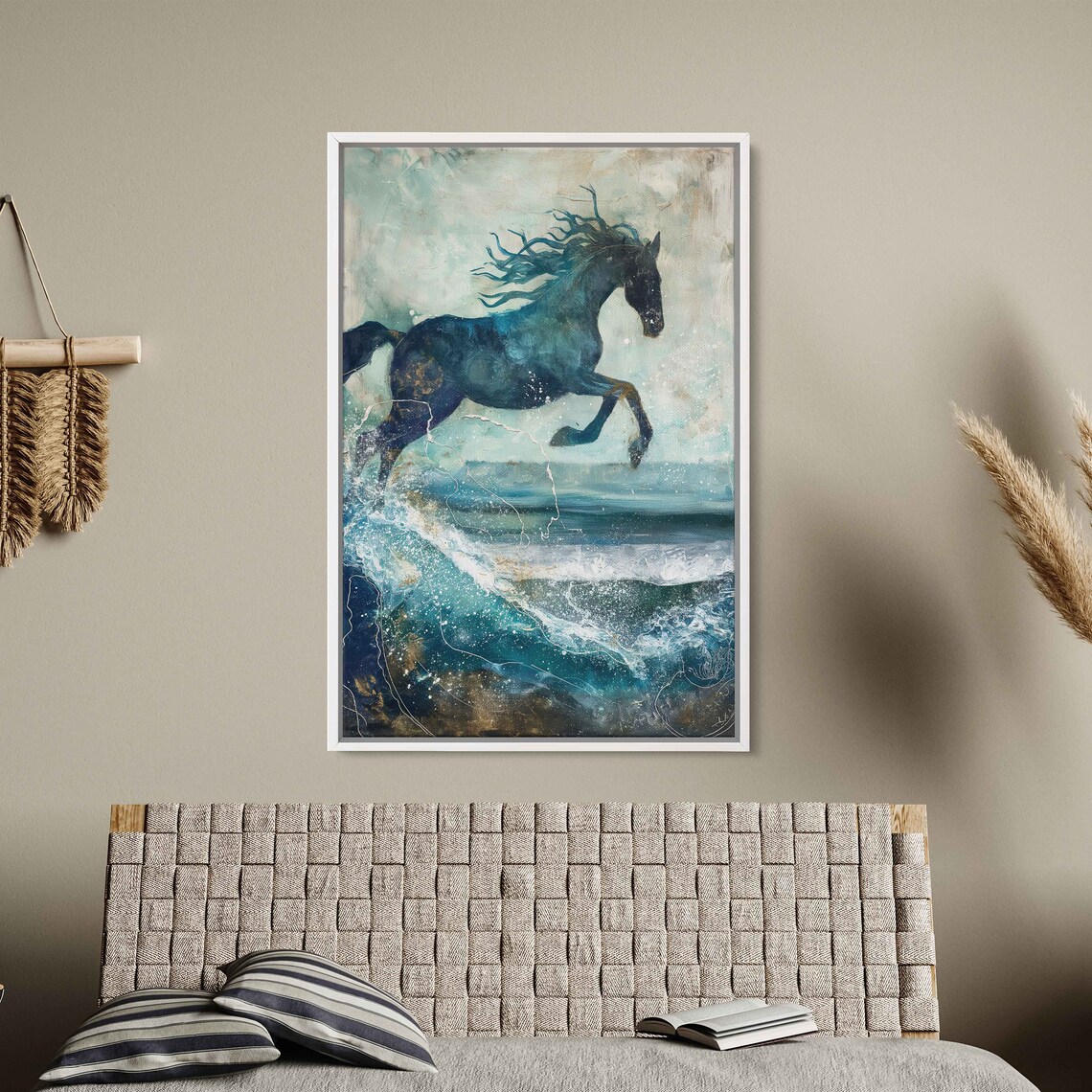 Blue Horse Galloping Over Ocean Waves Mixed Media Coastal Art Poster - Image 2