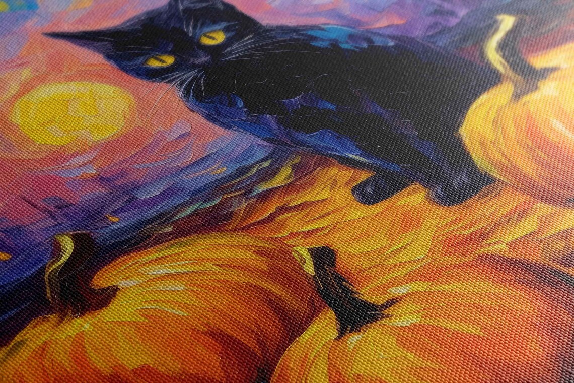Black Cat Among Pumpkins Halloween Night Colorful Sunset Painting Art Poster - Image 2