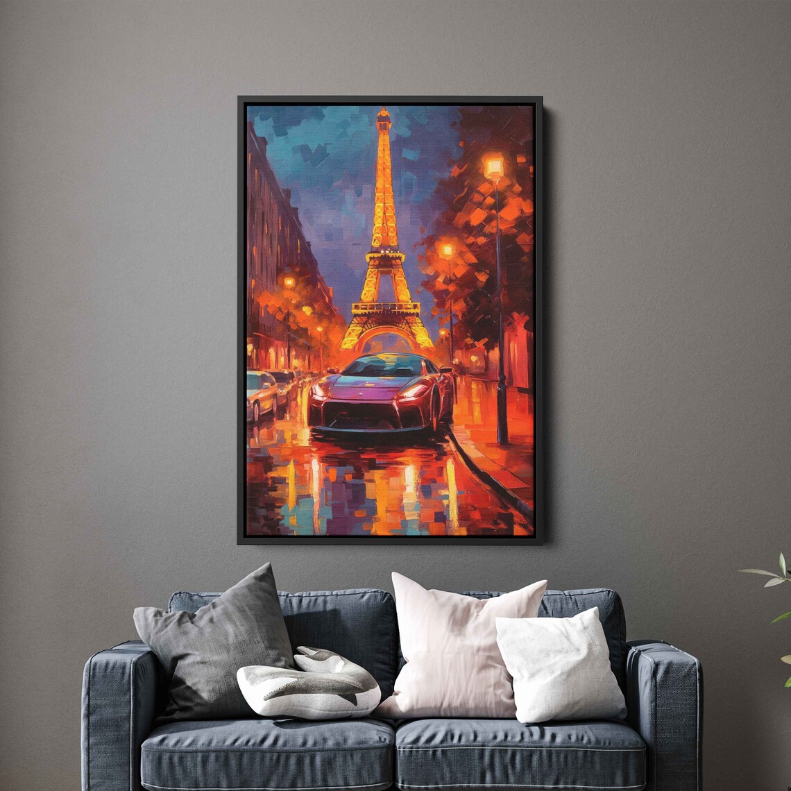 Paris Eiffel Tower Night Sports Car Wet Street Lamps Painting Poster