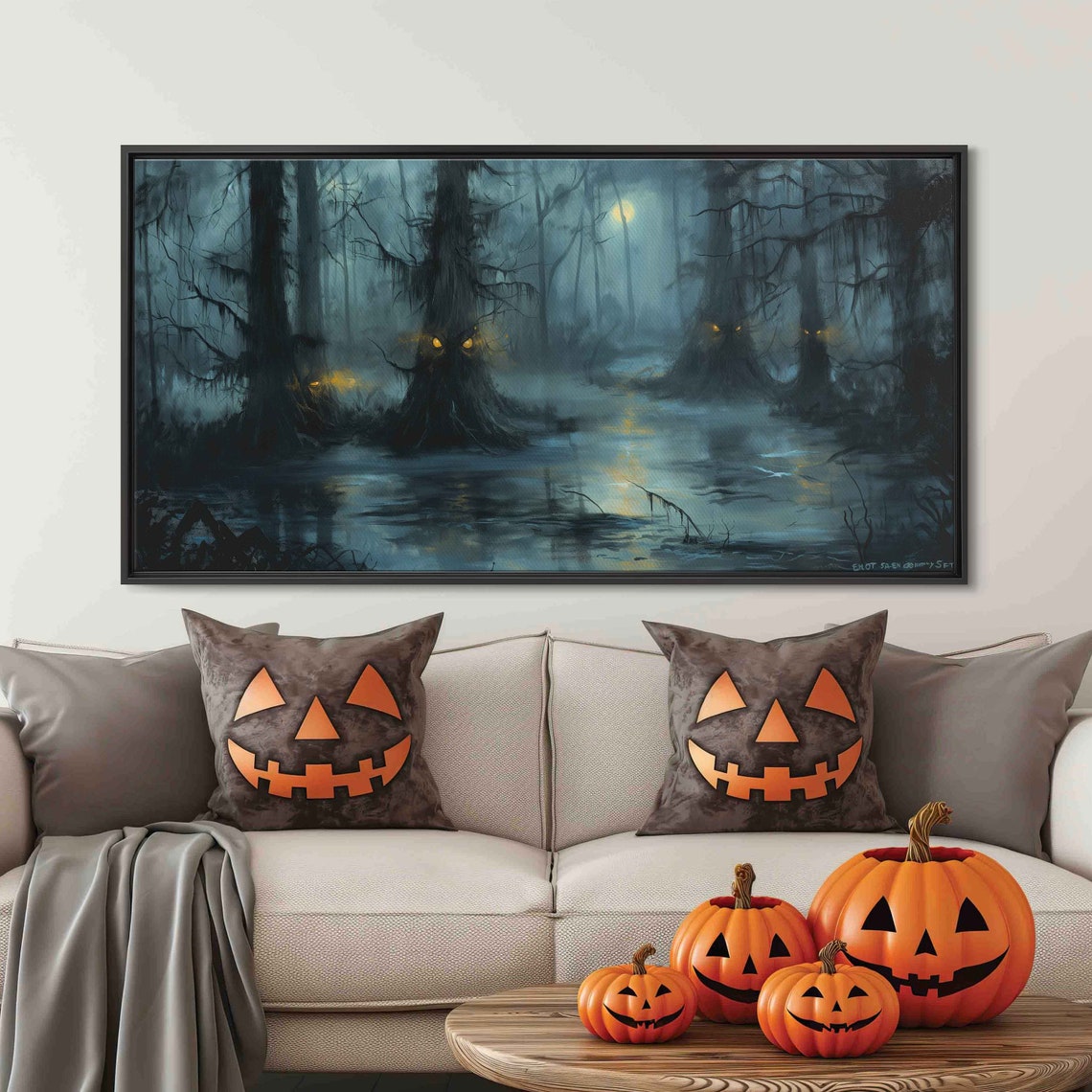 Misty Swamp Glowing Eyes Mangled Trees Foggy Moonlit Night Wall Art - Image 3