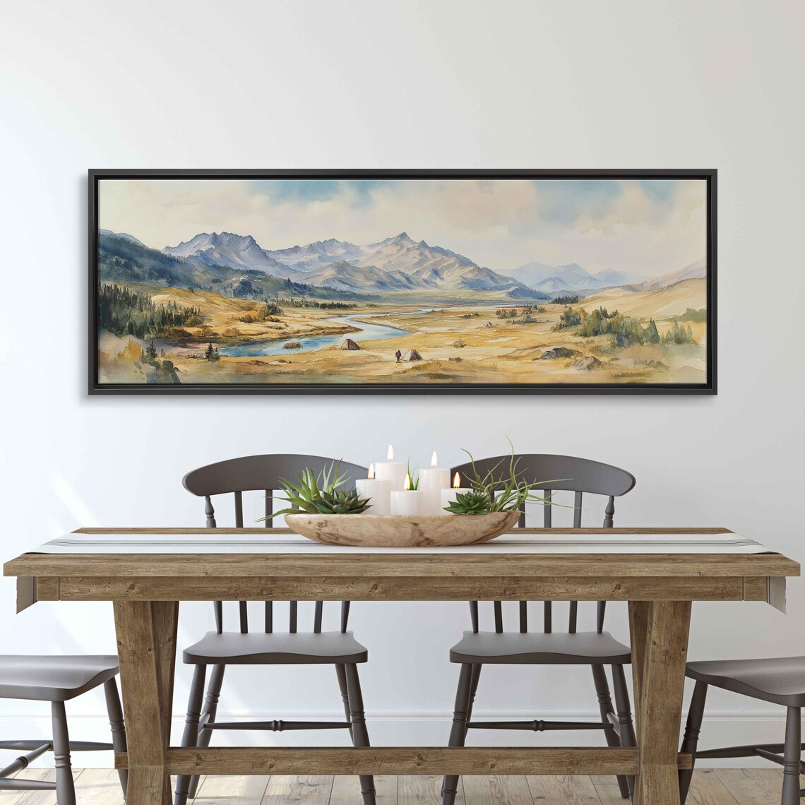 Expansive Wilderness Valley River Mountains Watercolor Landscape Poster