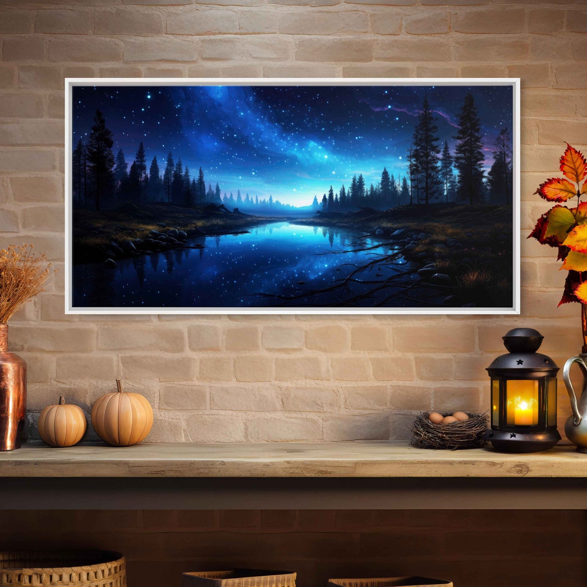 Glowing Night Sky Landscape Overlooking Woods Wall Art Print Peaceful Flowing River Celestial Reflection Ready To Hang - Image 2