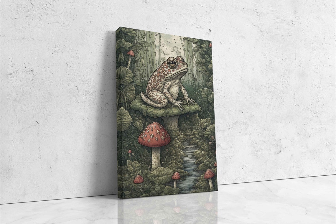 Spotted Frog Sitting Mushroom Forest Stream Vintage Art Poster - Image 4