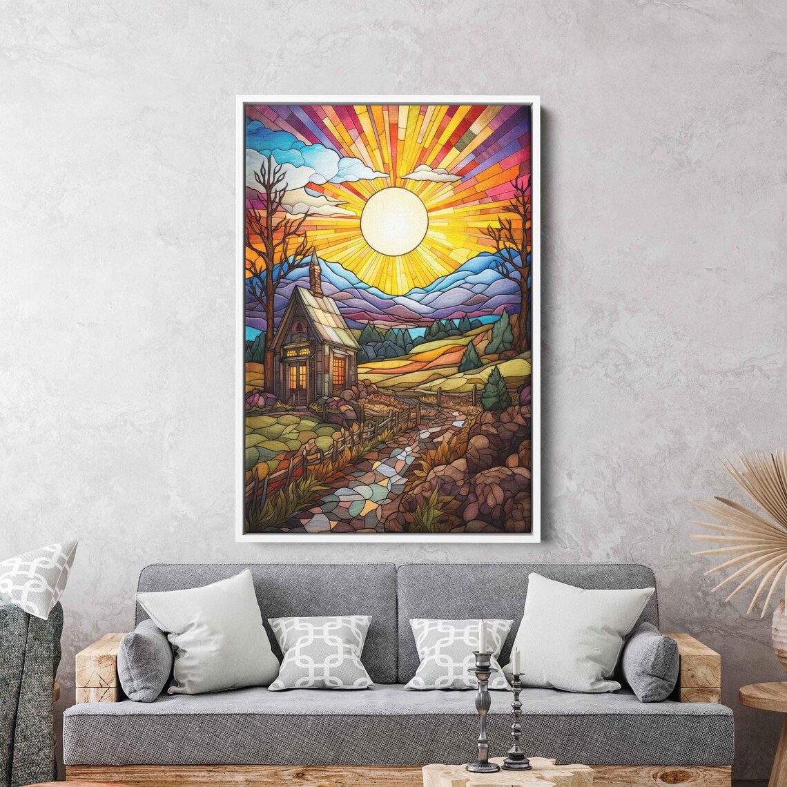 Mosaic Sunlit Farm House Wall Art Print Beautiful Vibrant Colors Mountain Range Ready To Hang - Image 2