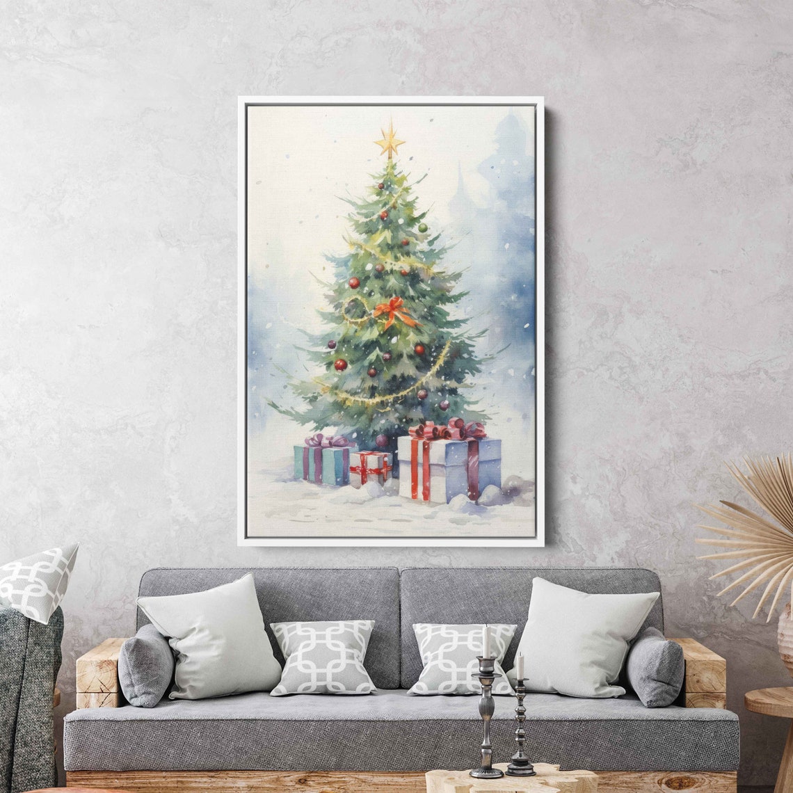 Charming Watercolor Christmas Tree Red Baubles Gifts Snow Poster - Image 3