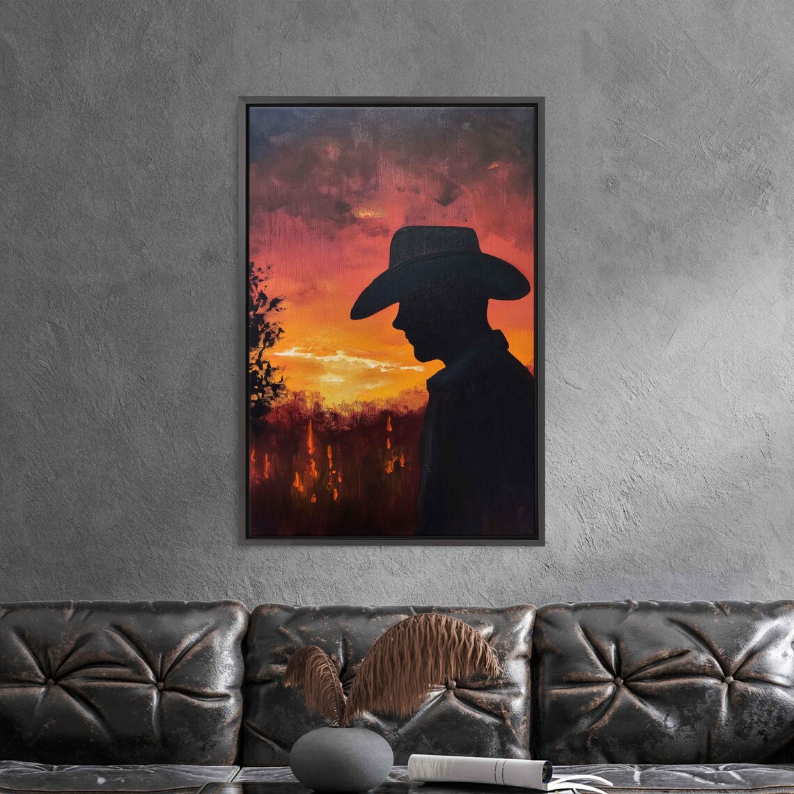 Cowboy Silhouette Profile Against Fiery Sunset Western Poster - Image 3