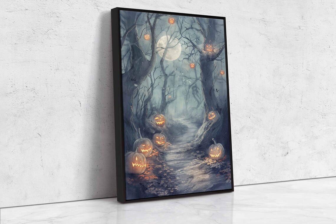 Enchanted Moonlit Forest Path Glowing Jack O Lanterns Spooky Night Print - Image 4