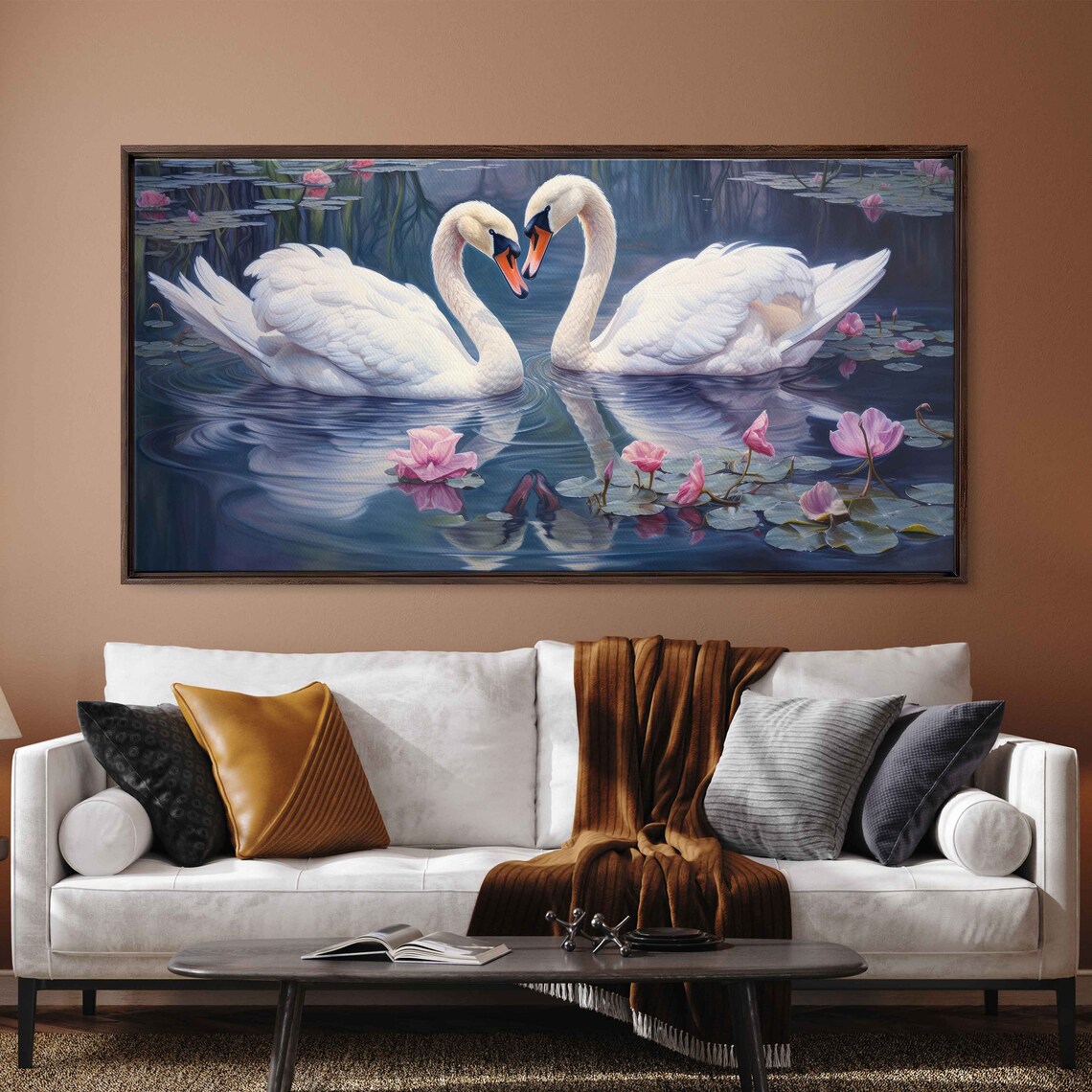 White Swans Heart Shape Pond Pink Lotus Romantic Painting Poster - Image 2