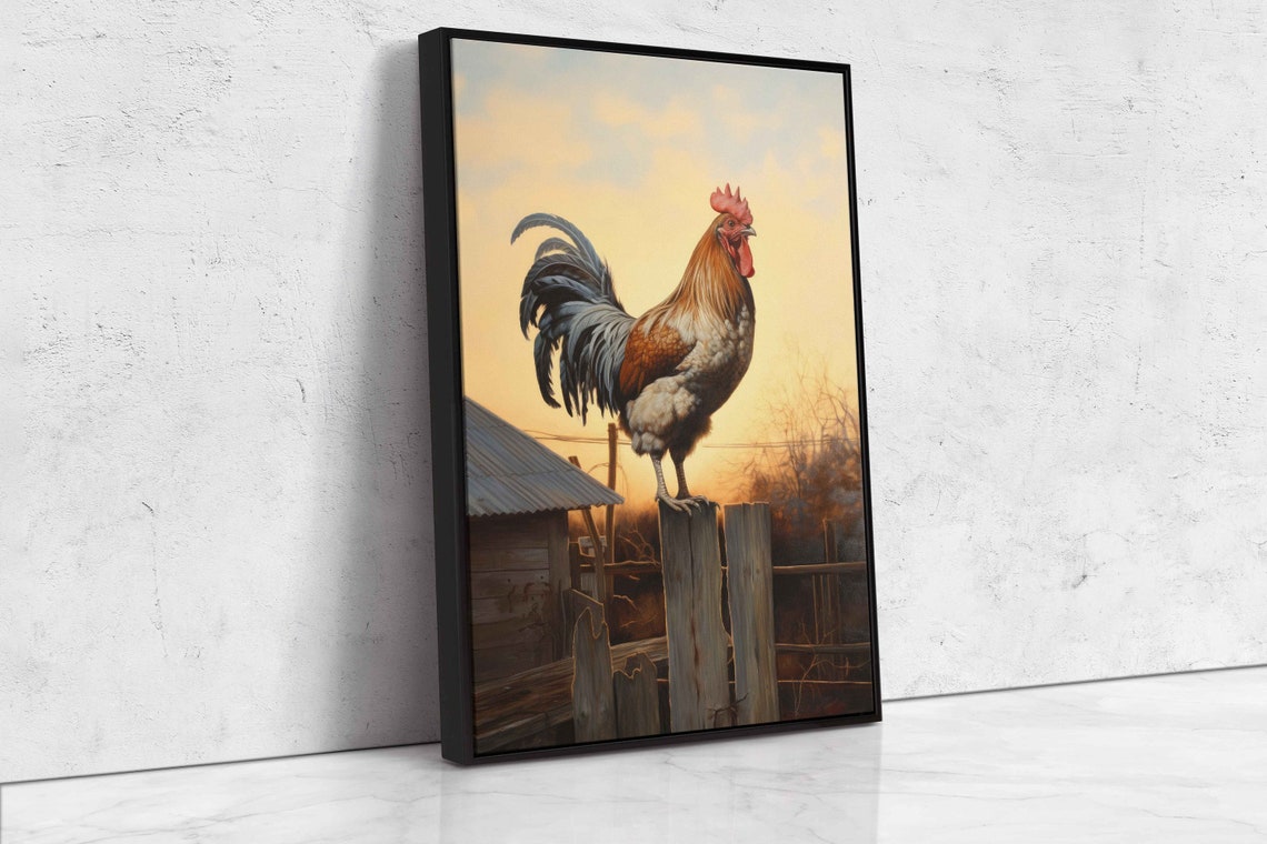 Rooster on Wooden Fence Post Golden Sunset Rustic Farm Wall Art Print - Image 4