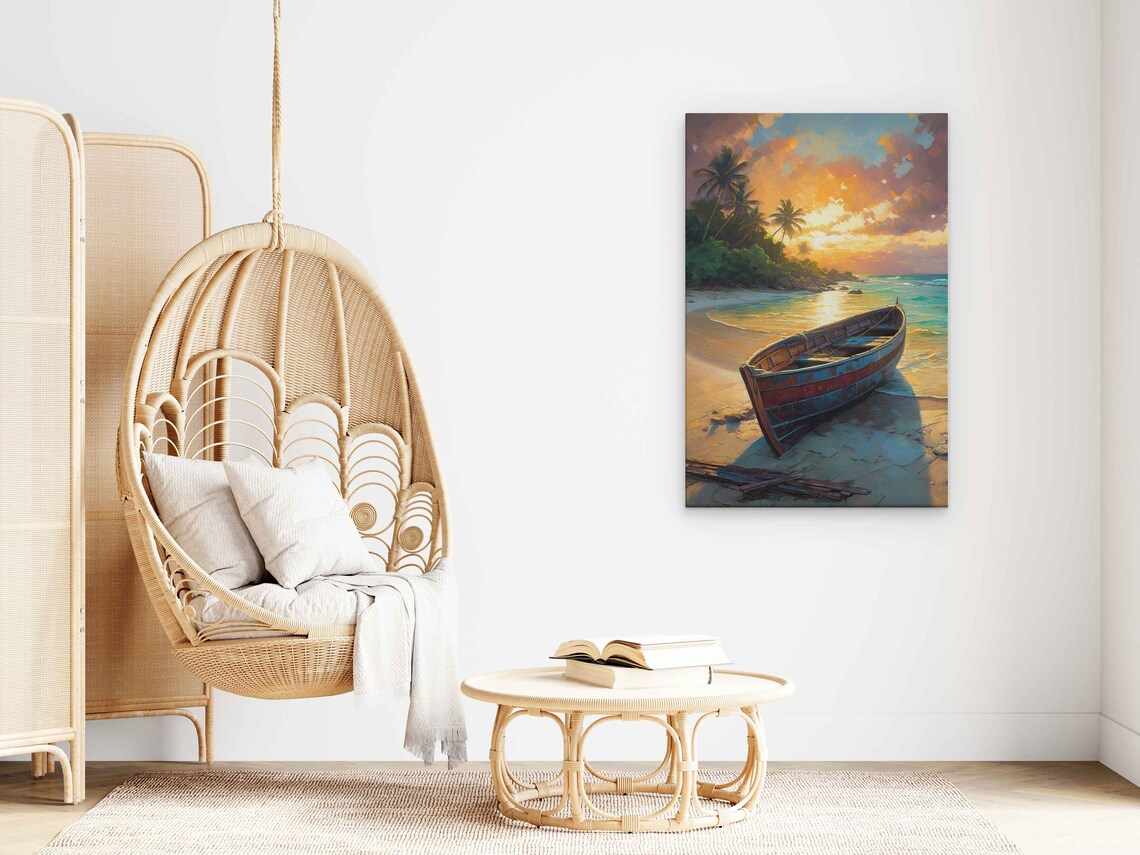 Wooden Fishing Boat On Beach At Sunrise Palms Tropical Painting Poster - Image 3