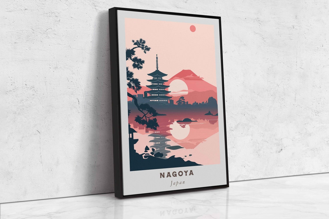 Nagoya Japan Pagoda Sunset Lake Reflection Red Silhouette Poster - Image 2