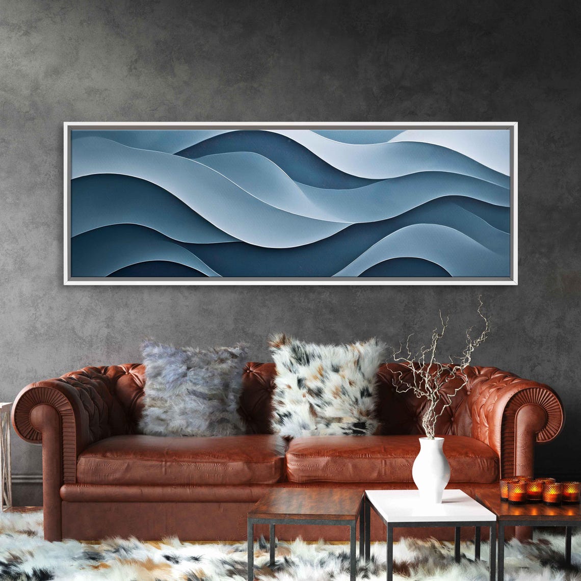 Minimalist Blue Wave Lines Abstract Panoramic Calming Ocean Art Print - Image 3