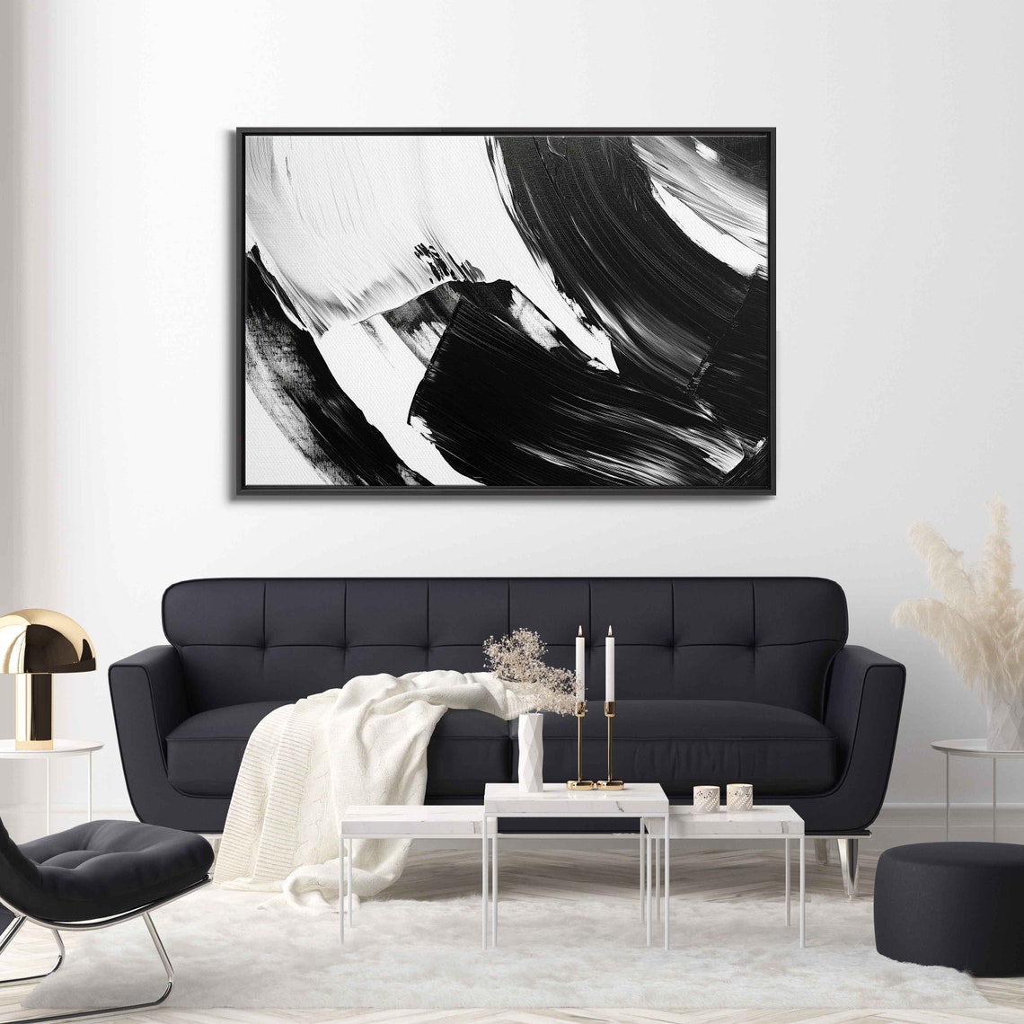 Black White Sweeping Brushstrokes Dramatic Abstract Painting Poster