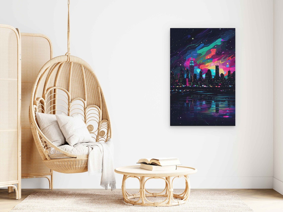 Neon Comic City Skyline Night River Lights Starry Art Poster - Image 3