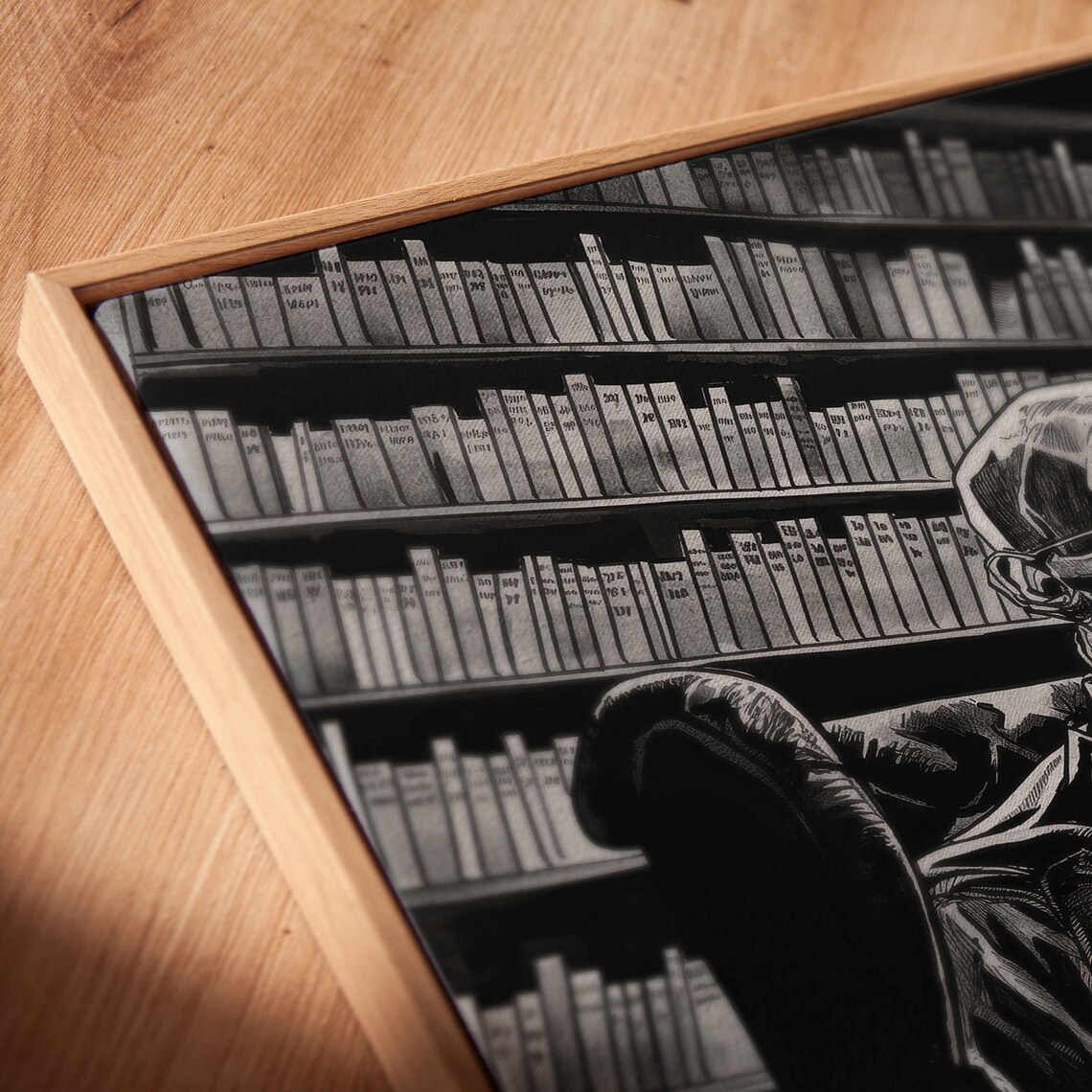 Skeleton Reading Book In Armchair Inside Dark Library Halloween Ink Poster - Image 2