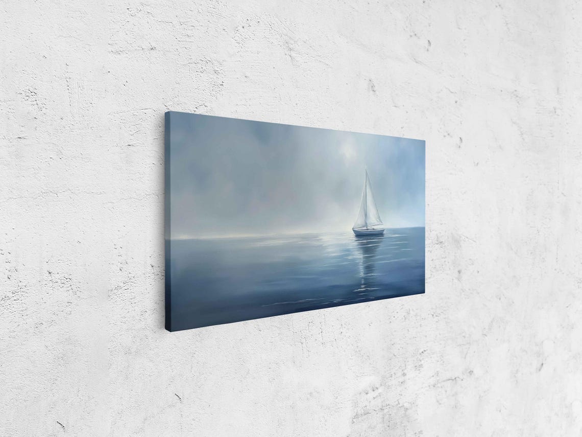 White Sailboat On Calm Blue Sea Soft Hazy Sky Minimalist Poster - Image 4