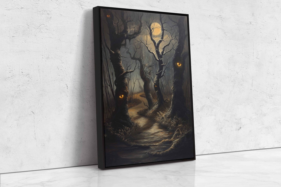 Haunted Forest With Glowing Eyes Moonlit Trail Spooky Night Poster - Image 4