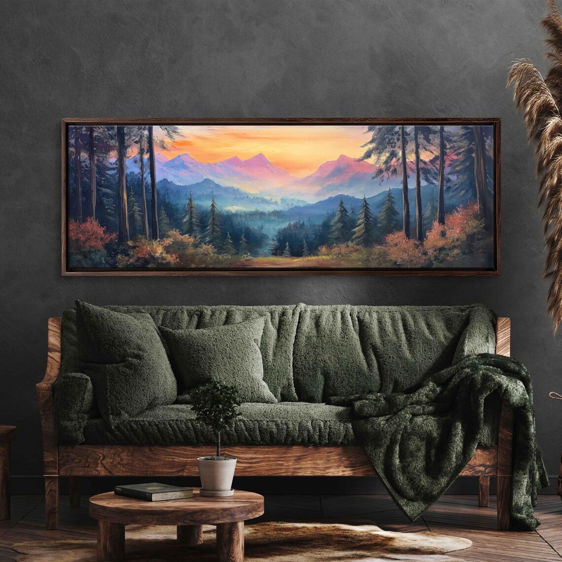 Enchanted Forest Panorama, Majestic Mountains Sunset Art Print