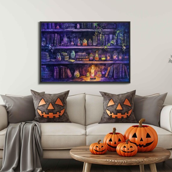 Whimsical Witch Library Bookshelves With Potions Halloween Watercolor Poster