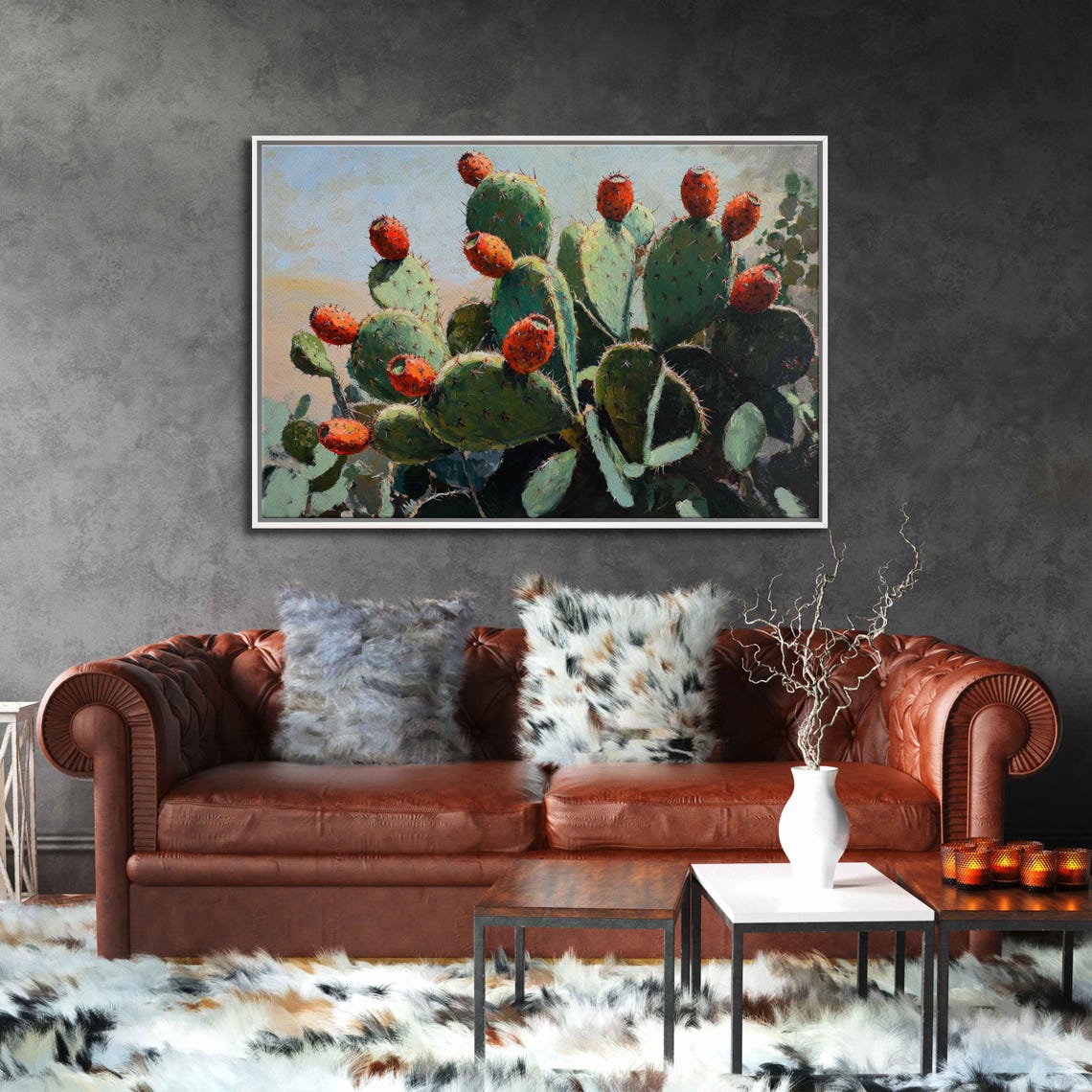 Prickly Pear Cactus Close Up Red Fruits Green Pads Desert Plant Poster
