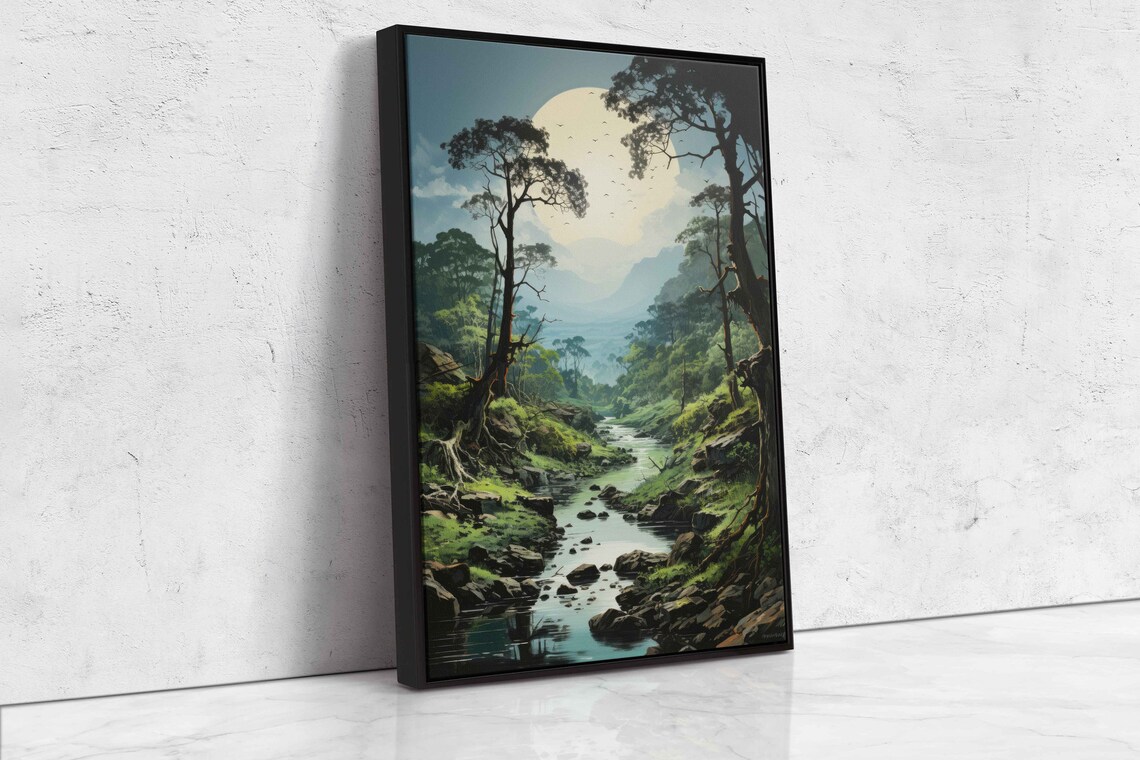 Sunlit Forest Stream Tranquil Nature Painting Framed Print Ready To Hang - Image 4