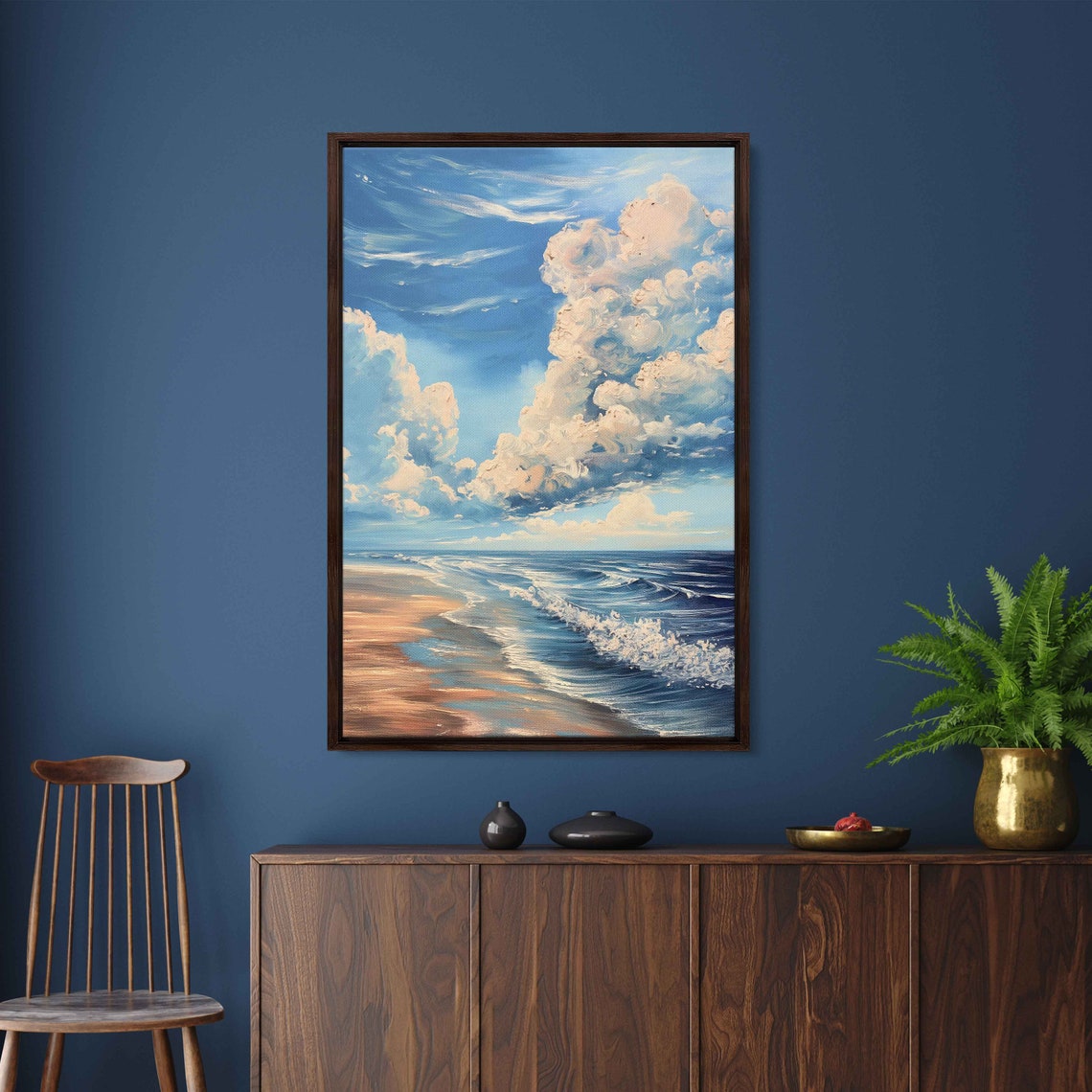 Dramatic Towering Clouds Over Beach Waves Oil Painting Art Poster