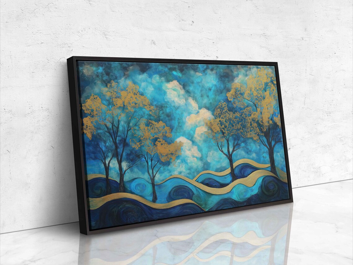 Ethereal Landscape Wall Art Print Shimmering Trees Vibrant Blue And Gold Palette - Image 4