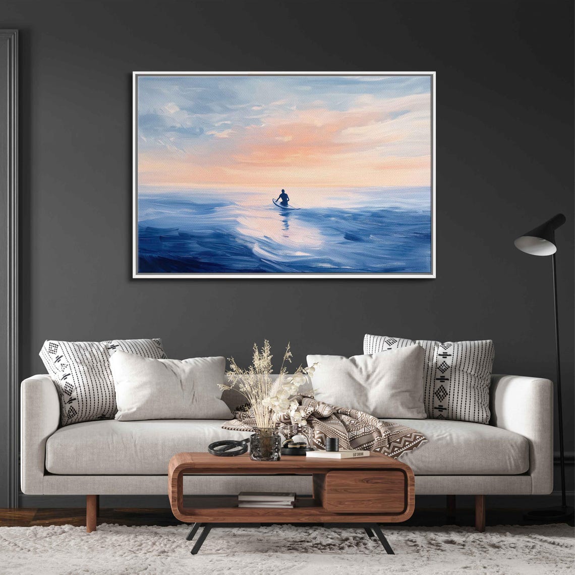 Surfer Paddling Across Serene Blue Ocean At Peach Sunrise Poster - Image 3