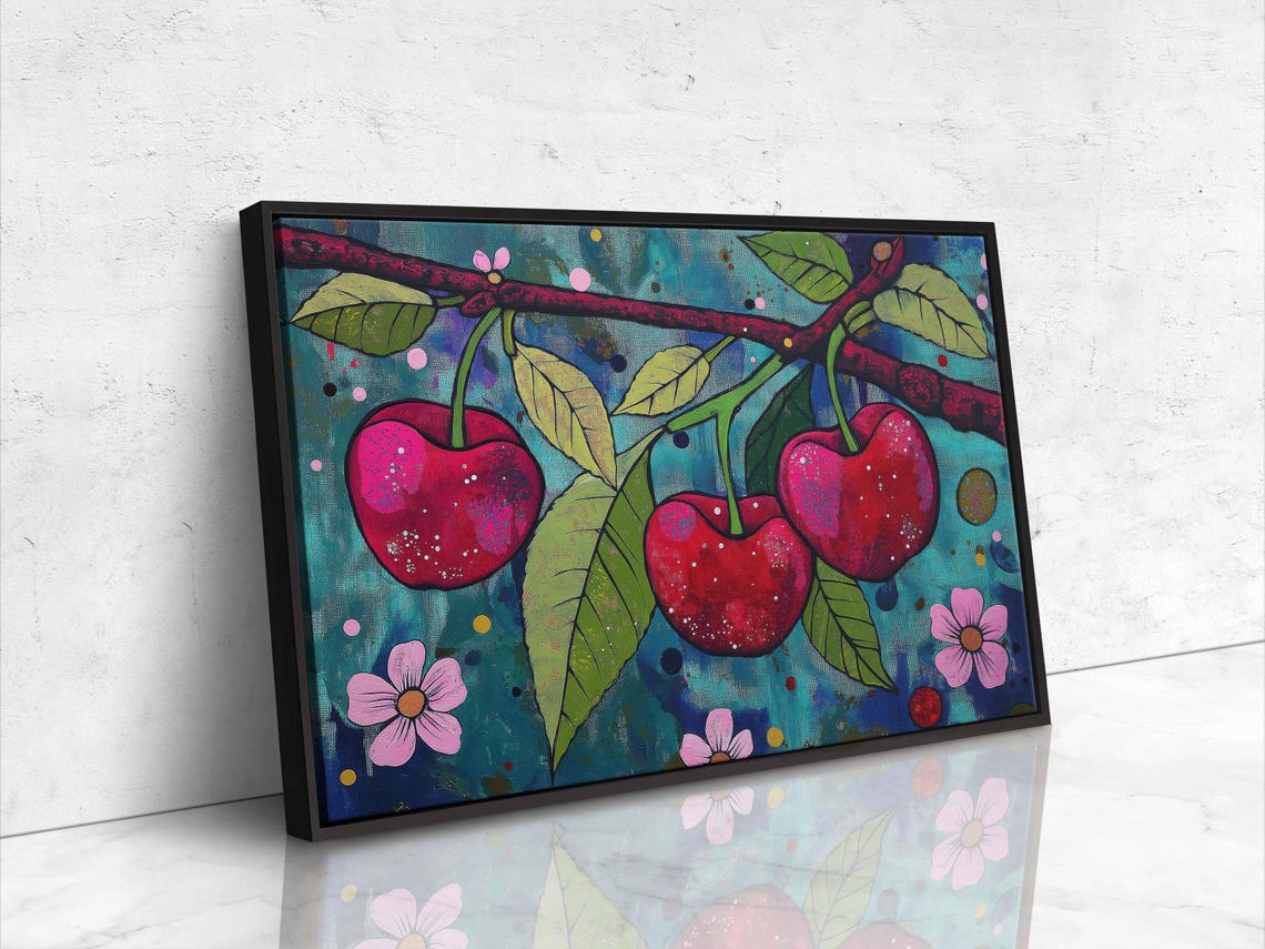 Ruby Red Cherries Pink Blossoms Teal Night Sky Art Print Poster - Image 4