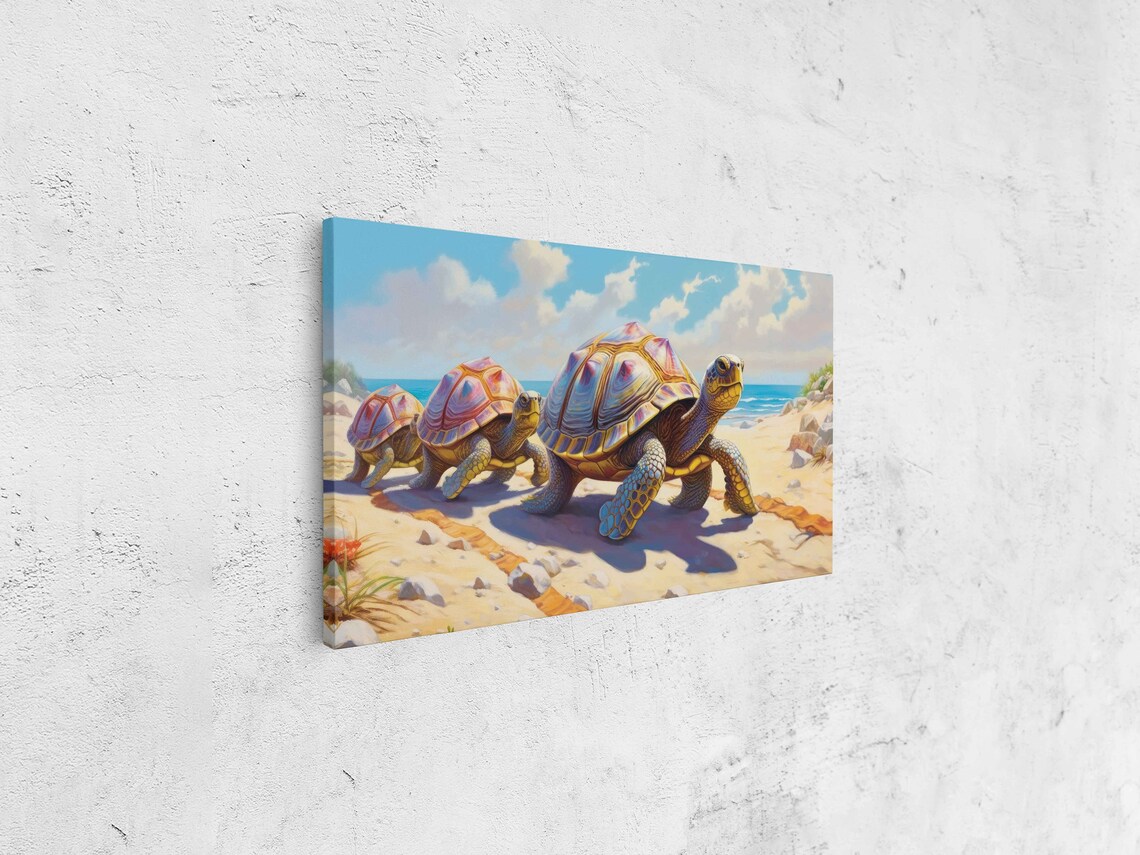 Turtles Walking On Beach Oil Painting Framed Print Ready To Hang - Image 4
