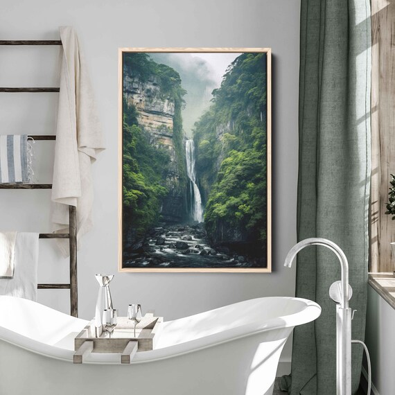 Towering Waterfall Over Rugged Cliffs Wall Art Ready To Hang Cliffside Nature Crashing Water Ready To Hang