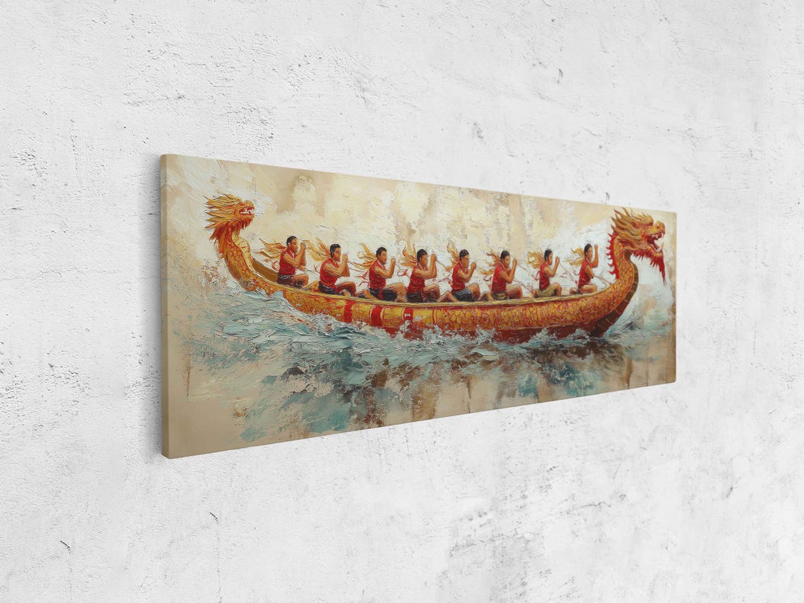 Chinese Dragon Boat Racing Golden Dragon Panoramic Oil Painting Poster - Image 4