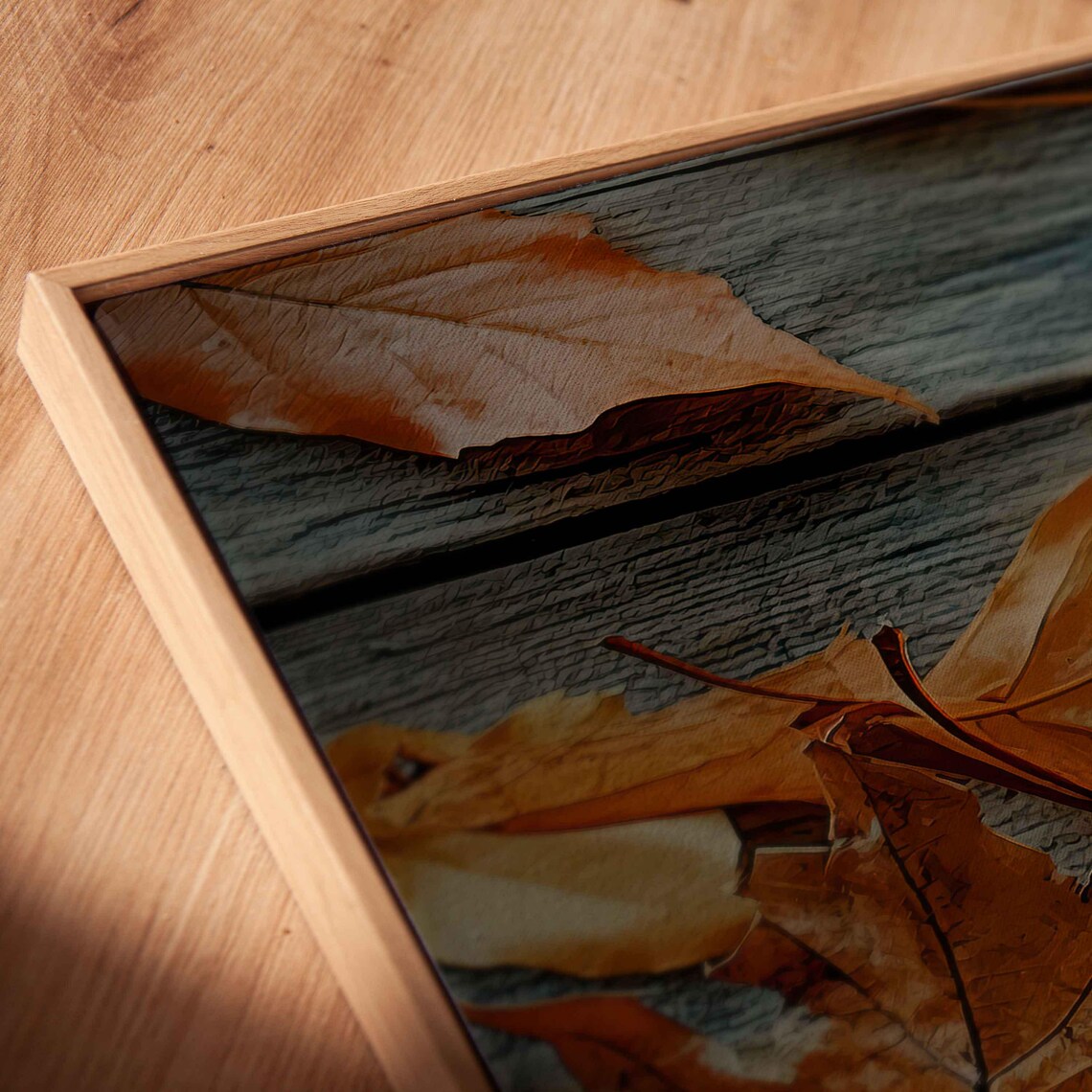 Latte Art Cup On Weathered Wood With Fall Leaves Photo Art Print - Image 2