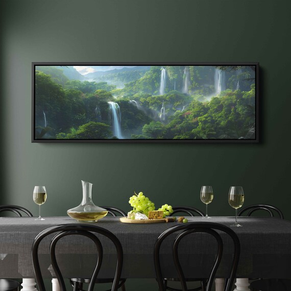Waterfalls Cascading Over Rainforest Wall Art Print Nature Painting Vibrant Green Forest Lush Jungle Landscape Ready To Hang