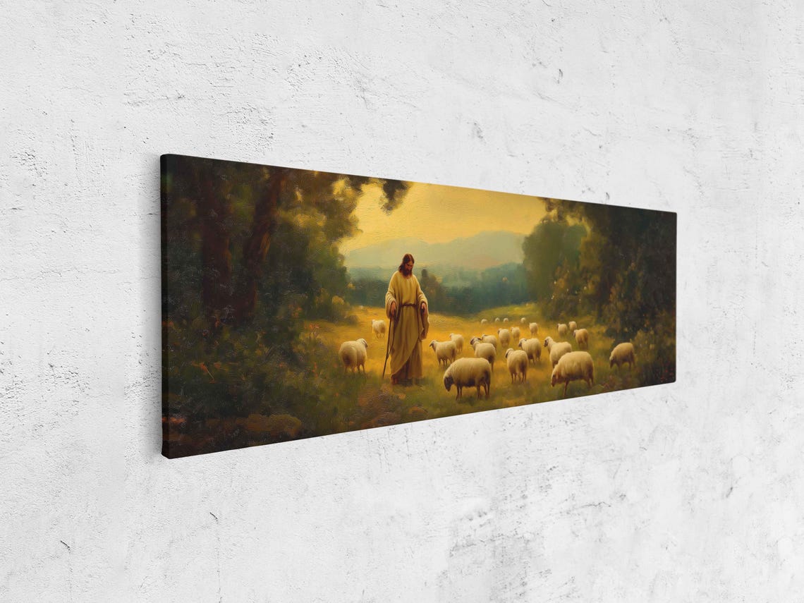 Jesus Christ the Good Shepherd Among Sheep Golden Meadow Poster - Image 4