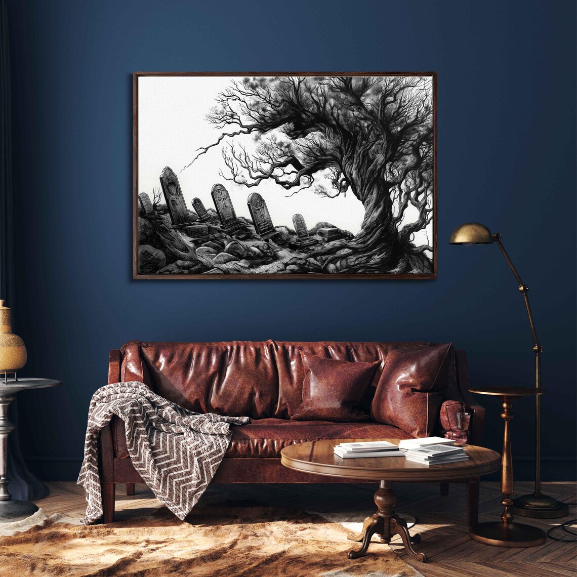 Old Gothic Graveyard Leaning Tombstones Twisted Tree Ink Halloween Poster - Image 3