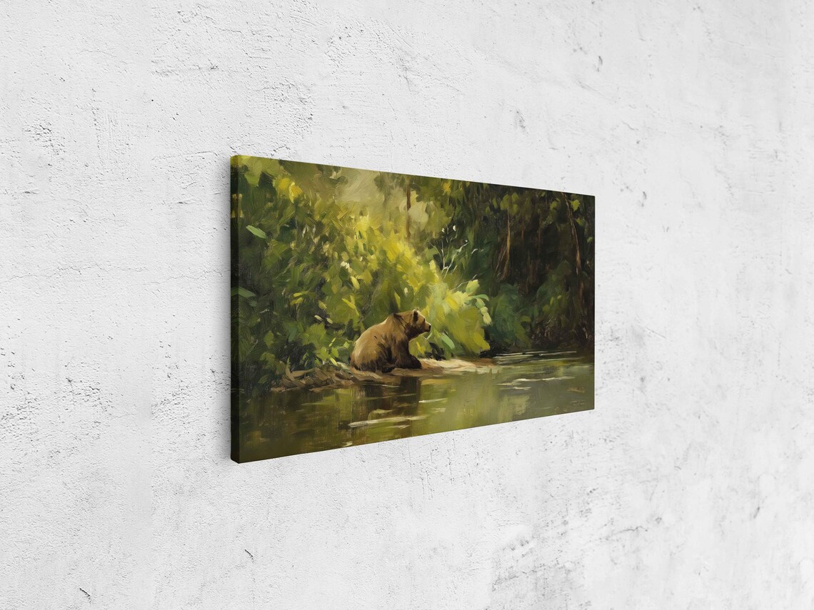 Grizzly Bear Resting By Riverbank Lush Green Forest Wildlife Art Poster - Image 4