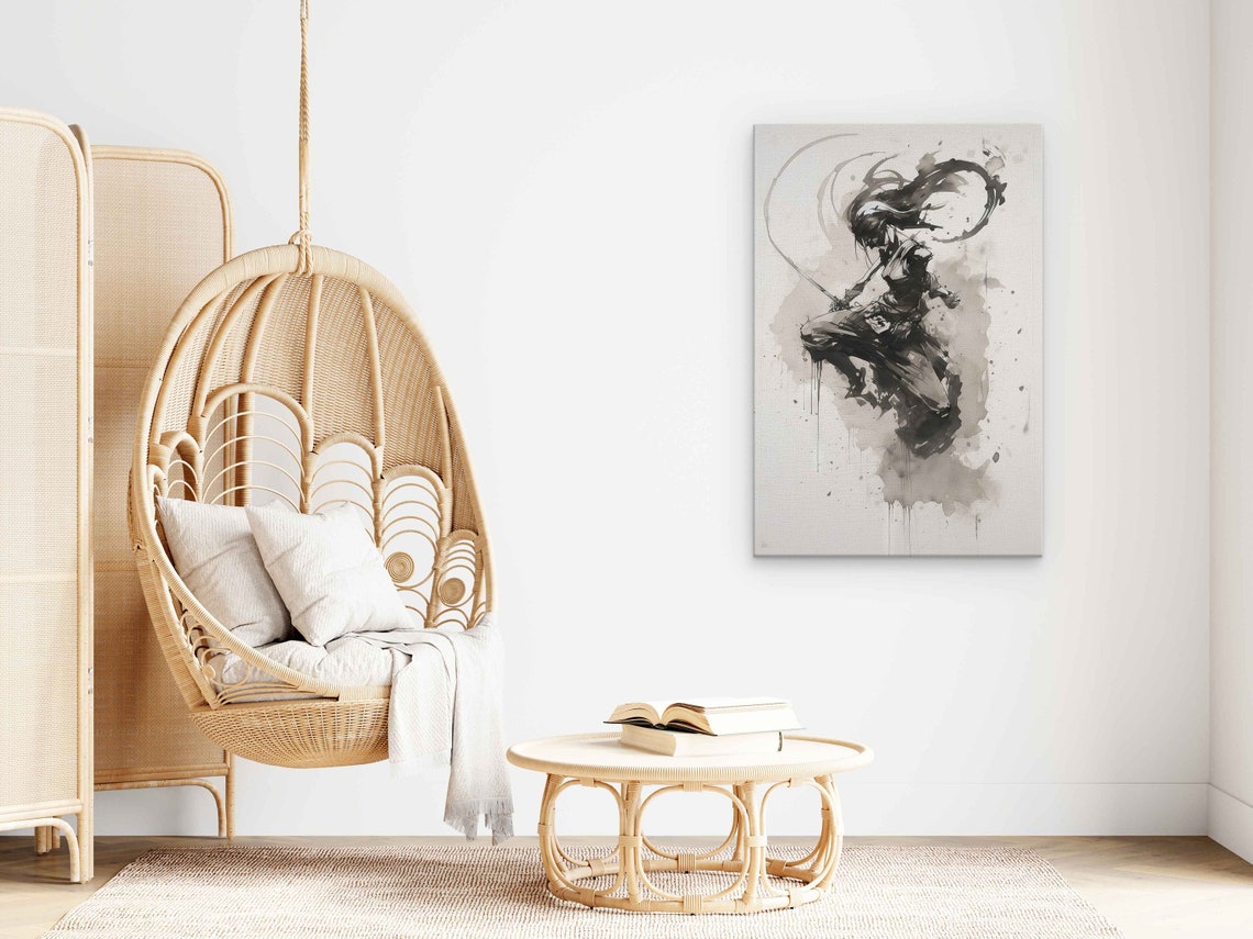 Black Ink Samurai Warrior Dynamic Sword Pose Japanese Sumi E Wall Art - Image 3