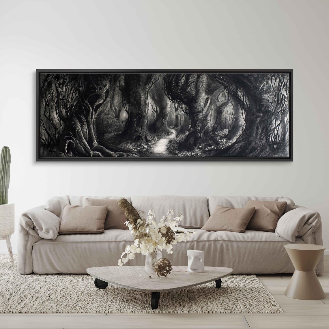 Dark Forest Tunnel Winding Path Gnarled Trees Monochrome Halloween Poster