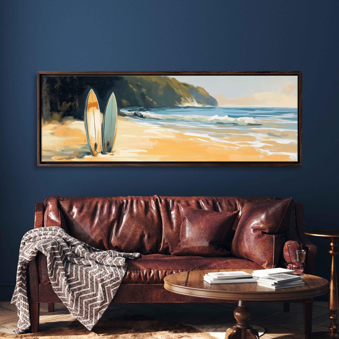 Surf Boards On Sandy Acrylic Beach Wall Art Print Tropical Island Gift For Surfer Blue Water Palm Trees Ready To Hang - Image 3