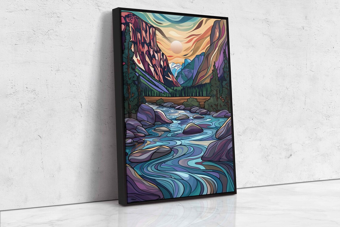 Flowing Rock River Colorful Valley Soothing Sunset Art Framed Print Ready To Hang - Image 4