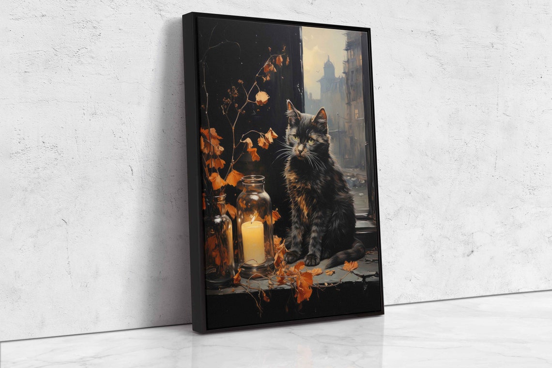 Black Cat On Windowsill Candle Autumn Leaves Cozy Painting Print - Image 4