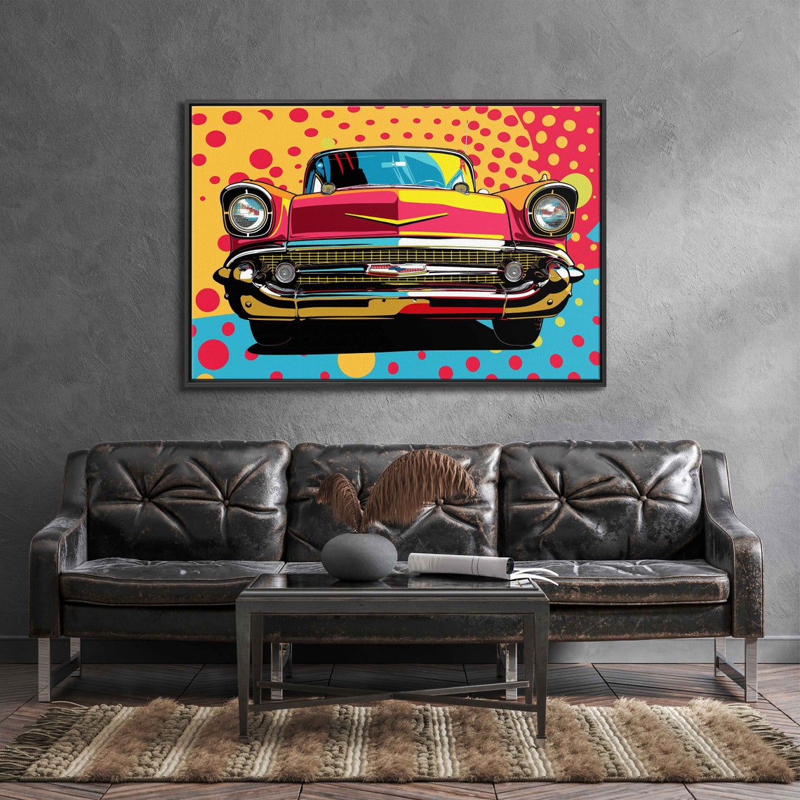 Pop Art Front View Classic 1950s American Car Dots Retro Wall Poster