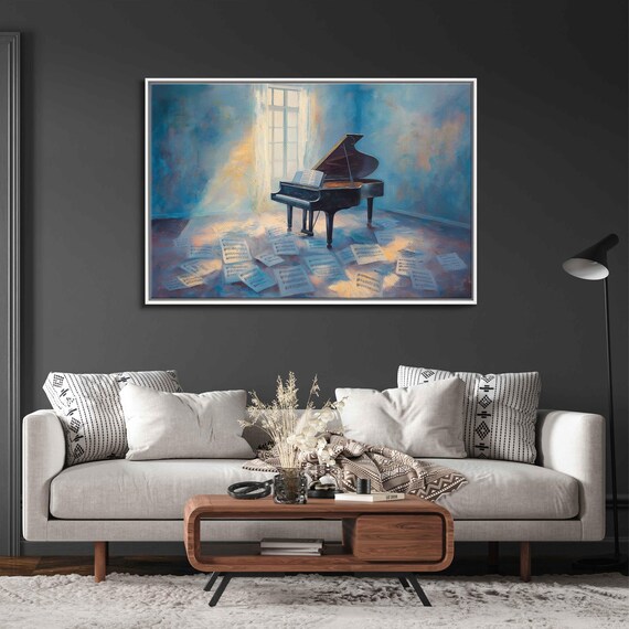 Grand Piano In Blue Sunlit Room Scattered Sheet Music Art Poster