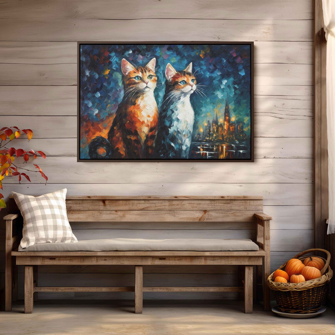 Two Cats City Night Lights Mosaic Colorful Oil Painting Animal Wall Art Print - Image 2