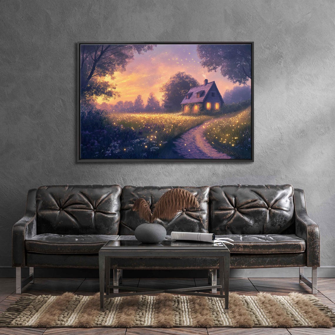 Cozy Cottage at Twilight Surrounded by Glowing Fireflies Poster