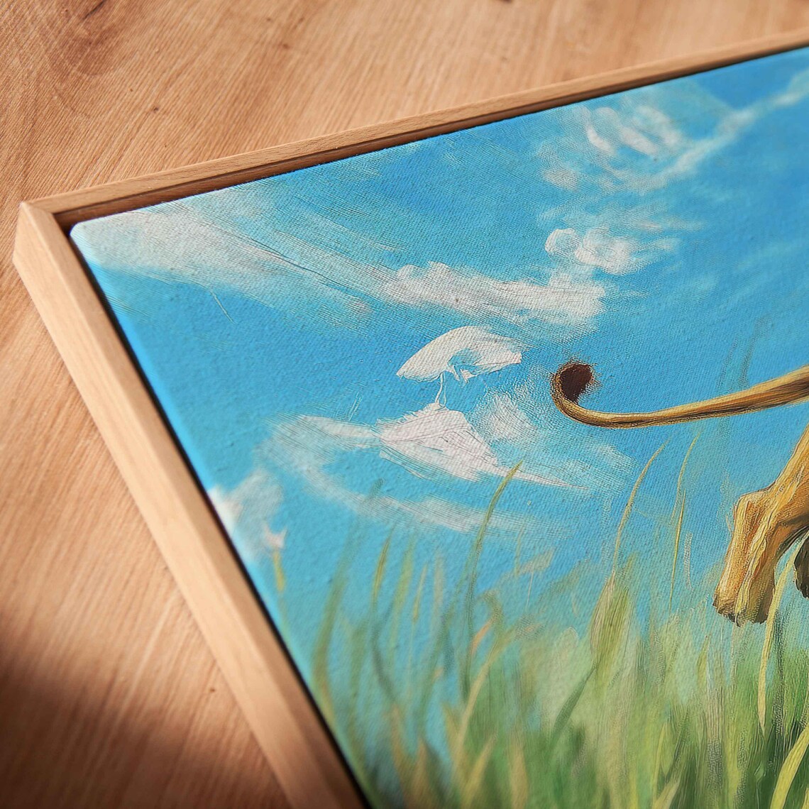 Lion Leaping Through Tall Grass Vivid Greens Golds Bright Blue Sky Poster - Image 2