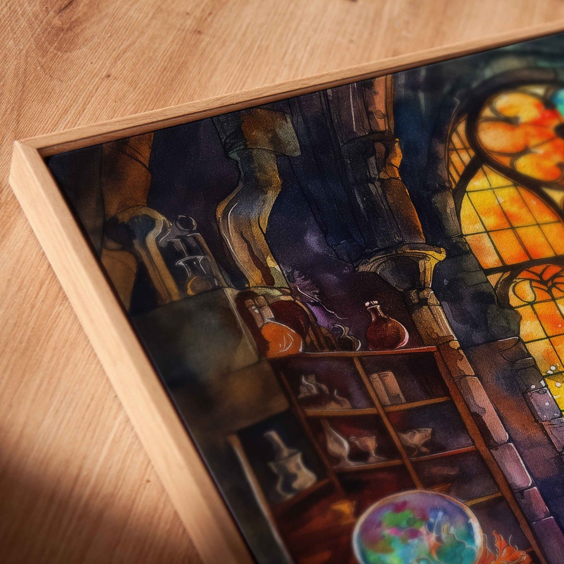 Witches Library Stained Glass Window Moonlight Books Watercolor Art - Image 2