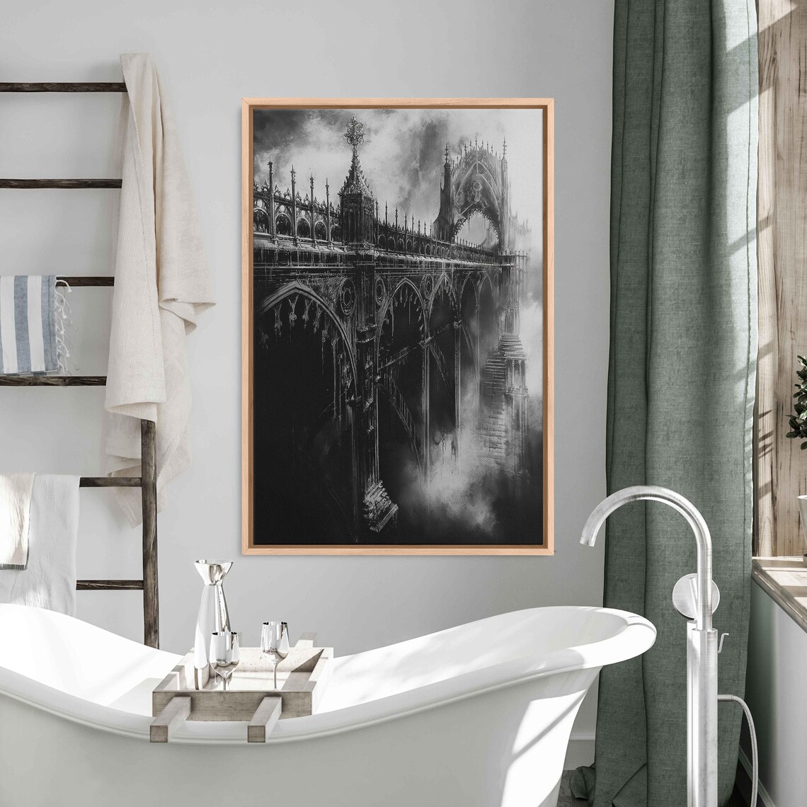 Gothic Bridge Over Foggy Water Dark Spires Monochrome Ink Halloween Poster